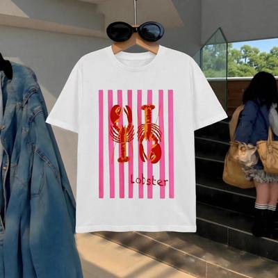 Funny Lobster Meme TShirt Pink Stripe Print Casual White Tee Harajuku Streetwear  Y2k Top Women Clothes  Graphic T Shirts