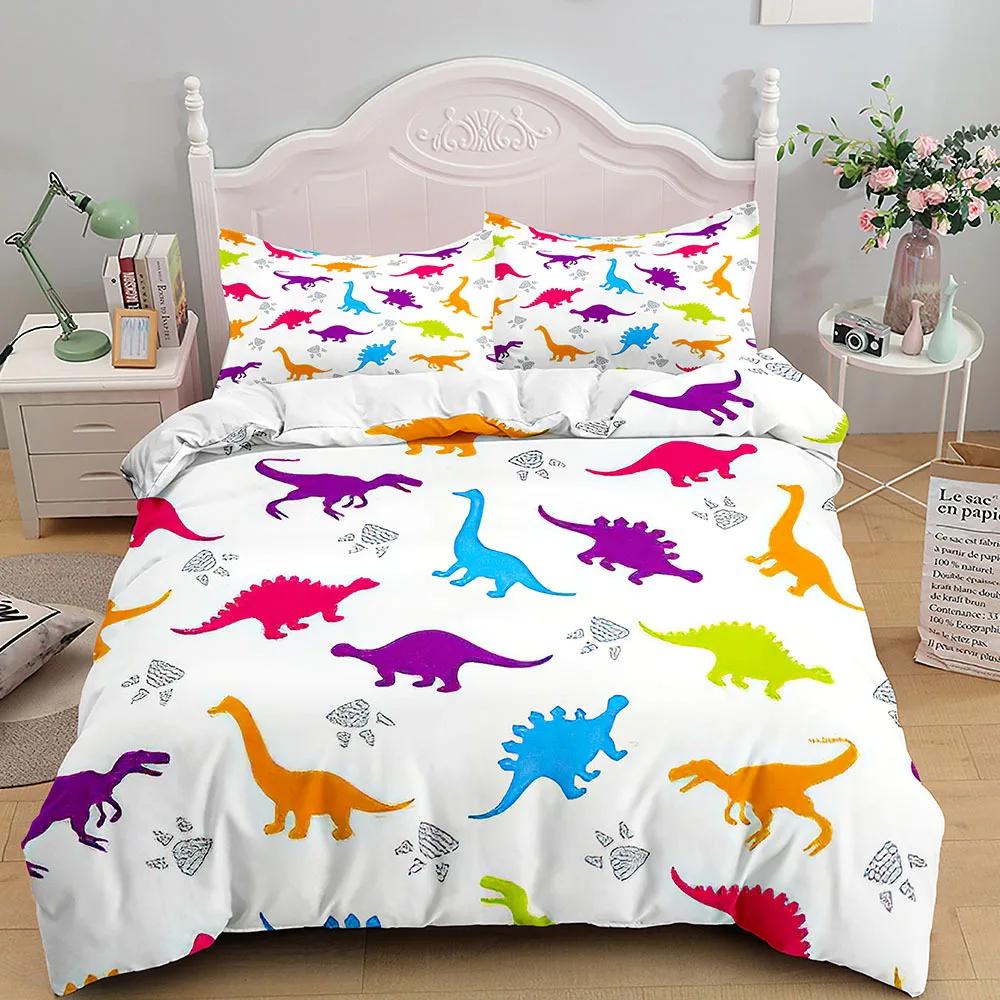 Cartoon Dinosaur Duvet Cover King Queen Size Colorful Jurassic World Animals Theme Bedding Set Kids 2/3Pcs Polyester Quilt Cover