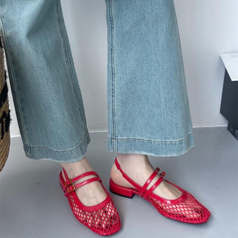 Fashion Sexy Mesh Shallow Women Sandals Fashion Buckle Narrow Band Hollow Slide Sandals Summer Comfort 42 43 Large Size Mary Jane Shoes