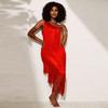 Europäisches und amerikanisches einseitiges schräges Schulter-Pailletten-Fransenkleid Damenperspektive Netz unregelmäßig mittel und lang Kleid 1111