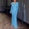Women's V Neck Long Sleeve Maxi Dress Slim Fit Mid Rise Elegant Ruched Mermaid Dress