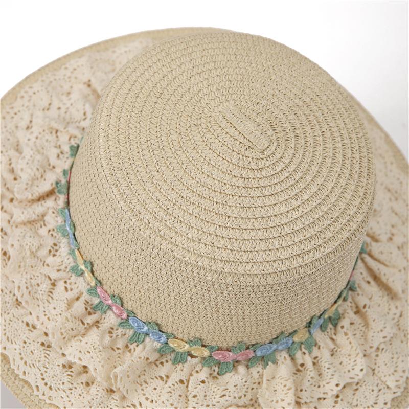 French Lolita Lace Straw Hat Women'S Summer Big Brim Shade Flat Top Top Hat Seaside Beach Shade