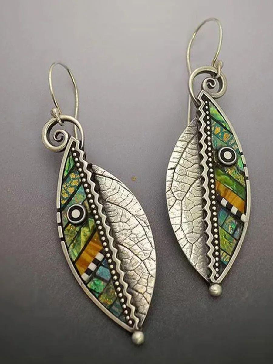 Bohemian Green Leaf Earrings for Women Ethnic Abstract Vintage Silver Drop Dangle Earring