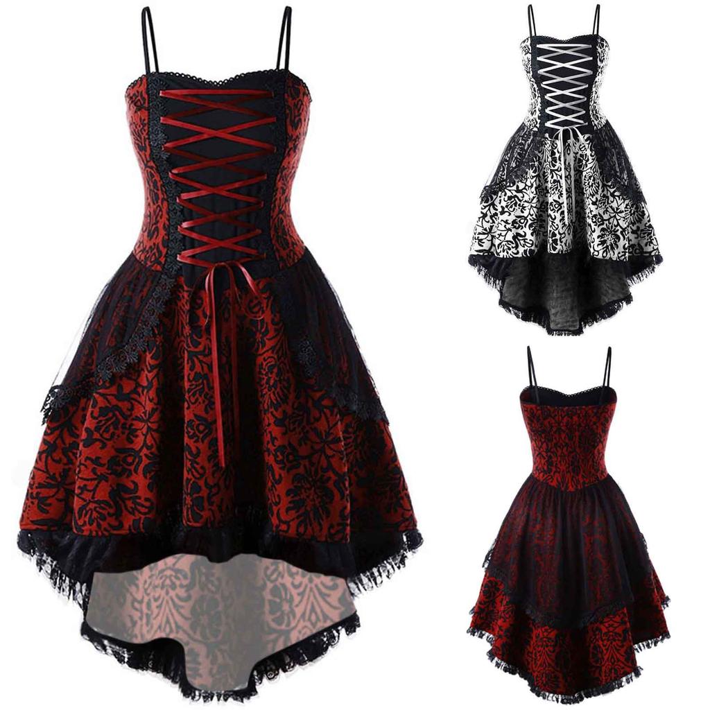 Women's Fashion Print  Dress Vintage Lace Straps Large Irregular Hem Dress