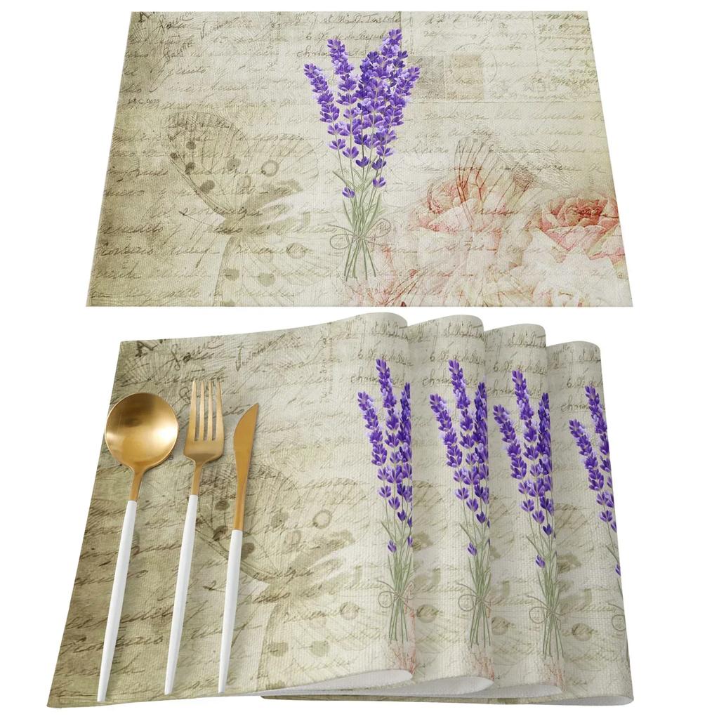 1PC Table Mats Purple Lavender Printed Linen   Kitchen Accessories Home Party Decorative Placemats