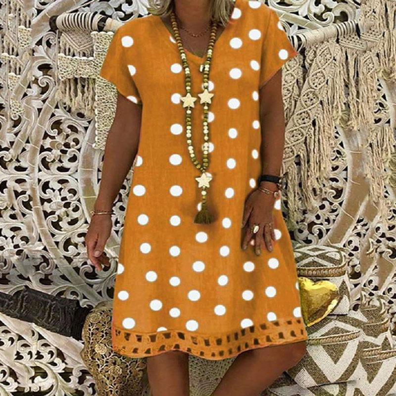 

Spring and summer new women s dress fashionable polka dot short-sleeved collar printed skirt XXXL помаранчевий
