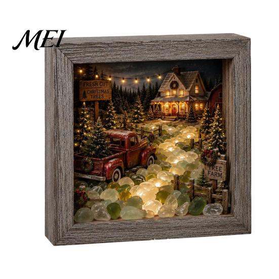 Wooden Landscape Ornament Christmas Snowy Night Light Picture Frame, Vintage Frame 3D Mini Lighted Shadow Box Lamp, Desktop Atmosphere Decor
