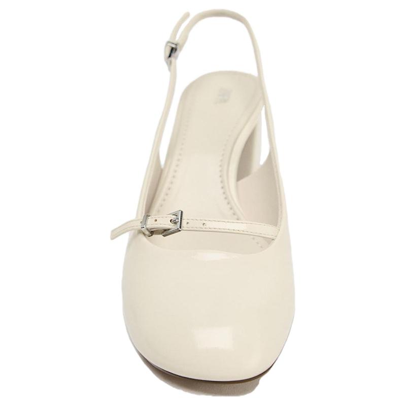 Zara Vintage Round Toe Buckle Decor Open Back Chunky Heels 7cm Women Heels White 12802510001