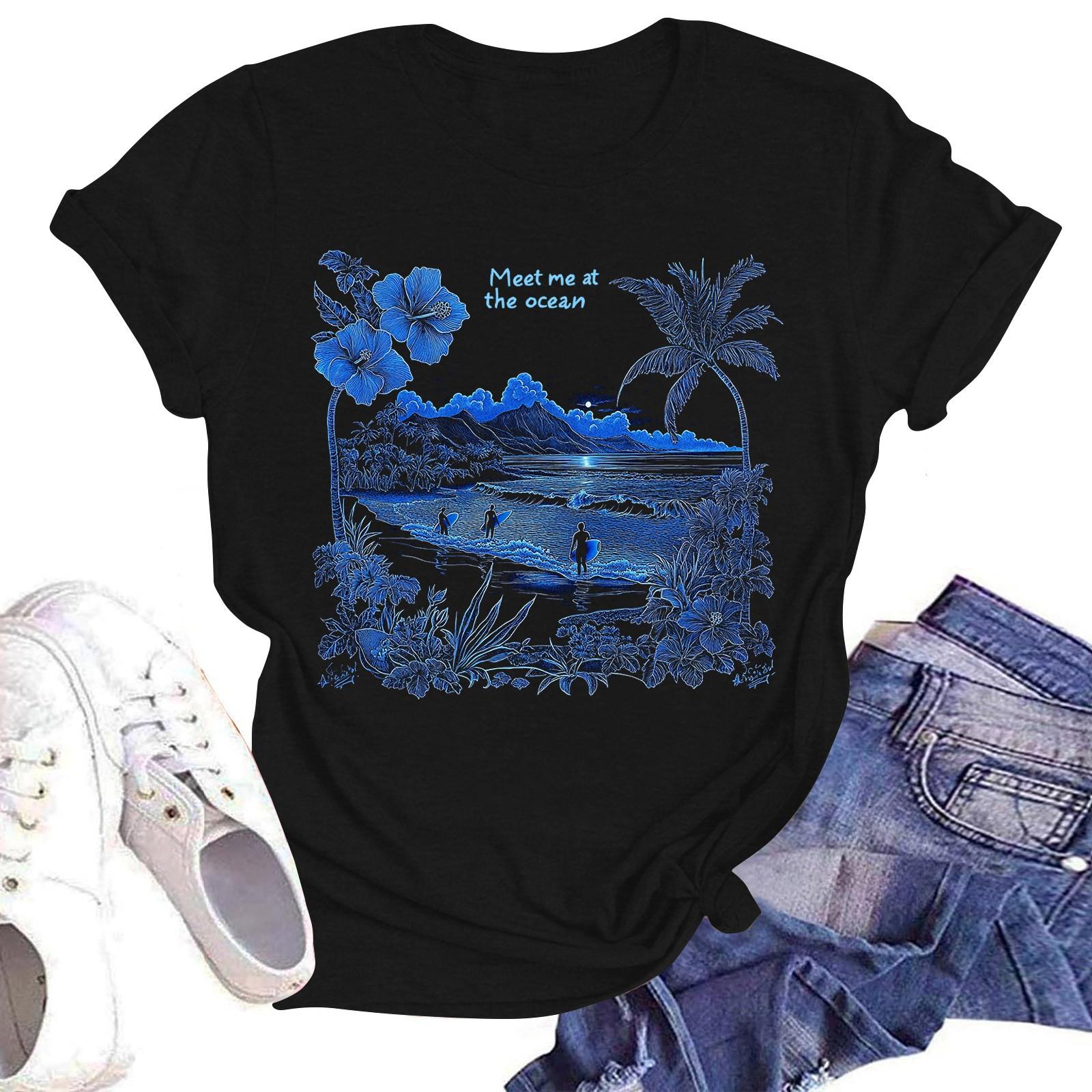 

Женская повседневная модная уличная футболка с коротким рукавом и гавайским принтом S чёрный