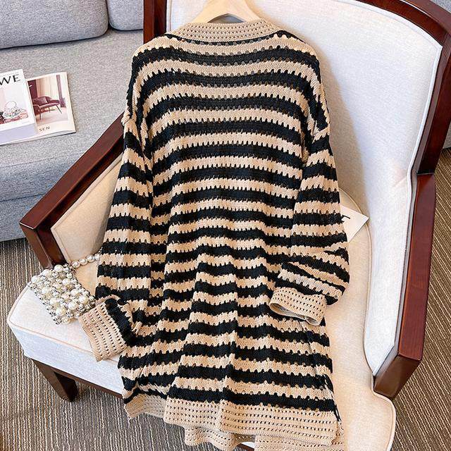 Striped V-neck Knitted Long Sweater Dress Women's Spring Autumn Loose Plus Size Elegant Casual Mid Knitted Dresses