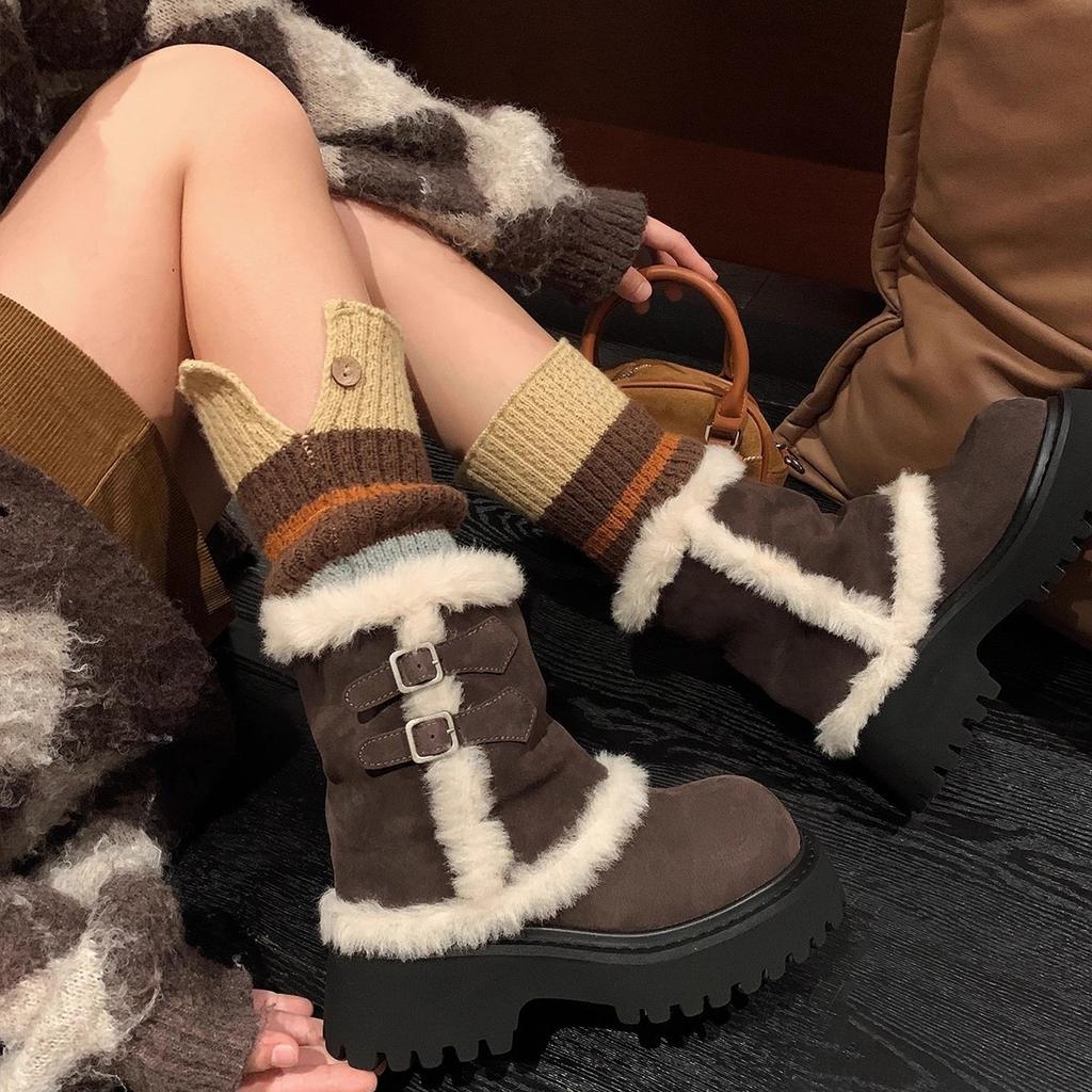 Altay~ Winter 2025 new thick-soled retro niche fluffy cotton shoes with velvet warm snow cotton boots for women
