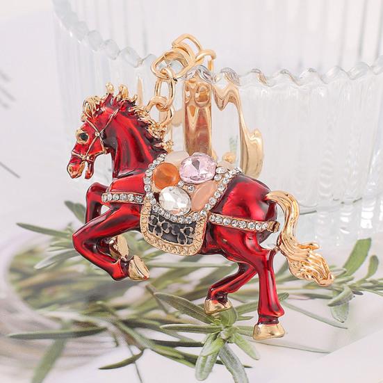 Keychain Sparkling Rhinestones Inlaid Galloping Horse Design Keychain Pendant Enamel Oil Drip Process Smooth Edges Spring Buckle Key Holder Backpacks