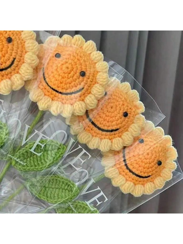 6Pcs Handmade Crochet Sunflower,Smile Knitted Flowers, Artificial Woven SunFlowers Best For Teacher's Day, Graduation Gift