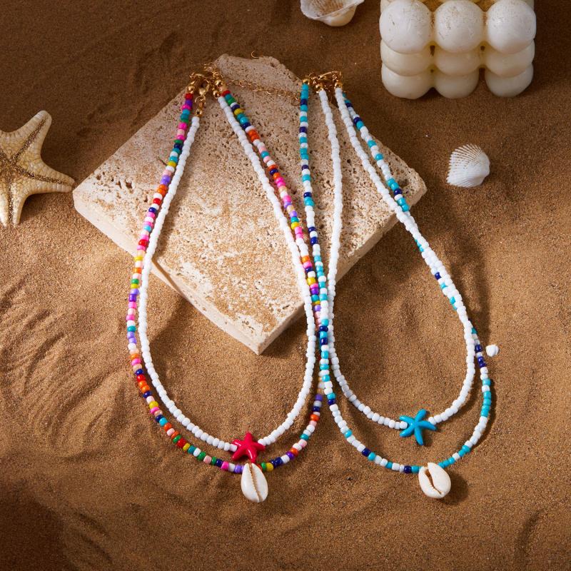 Bohemian Handmade Braided Beaded Seashell Starfish Pendant Clavicle Chain Necklace Women Beach Vacation Jewelry Accessories