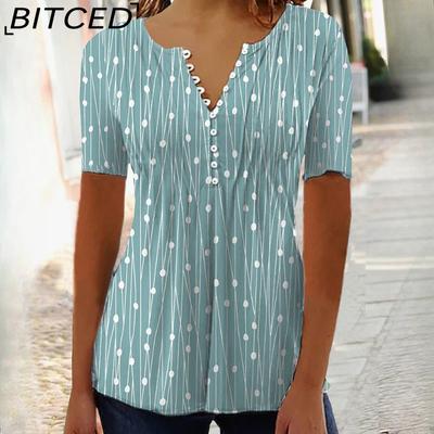 V-Neck Printed Short Sleeve Blouse Shirt Bottom Shirt