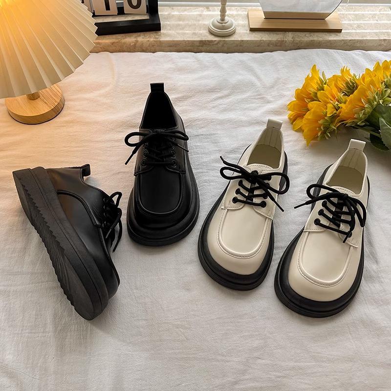 2025 spring and autumn muffin platform small leather shoes women's new white British style round head lace-up versatile single shoes