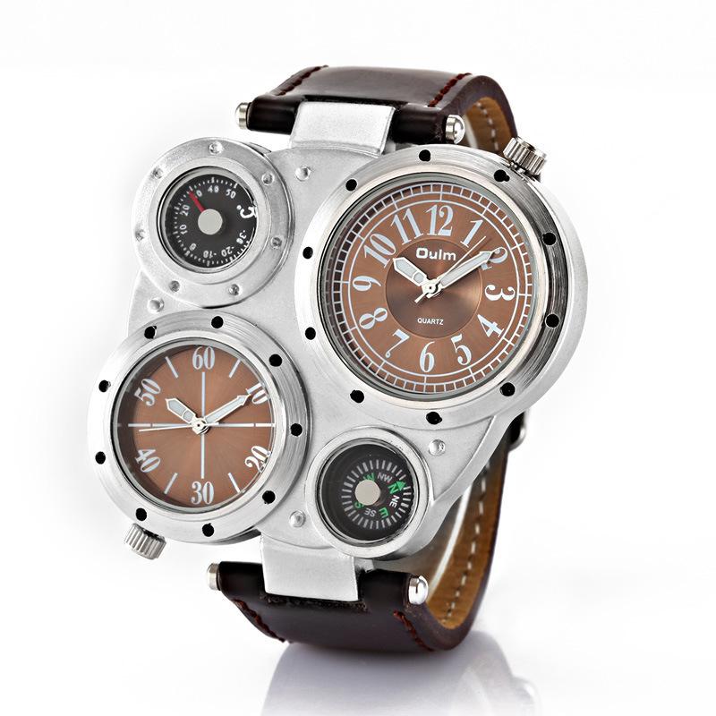Oulm Dual Time Zone Men'S Belt Watch, Large Dial Compass Quartz Watch