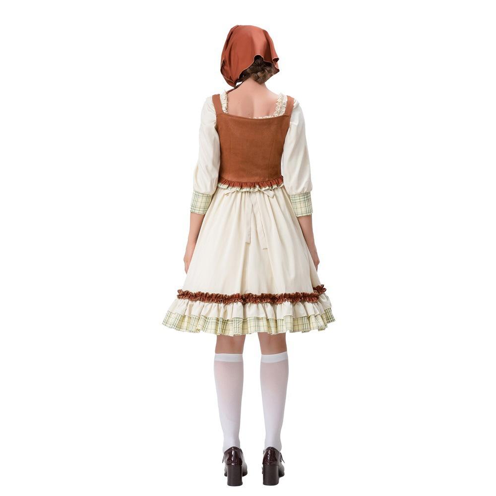 New Adult Female Halloween Little Red Riding Hood Costume Pastoral Manor Farm Maid Dress Set