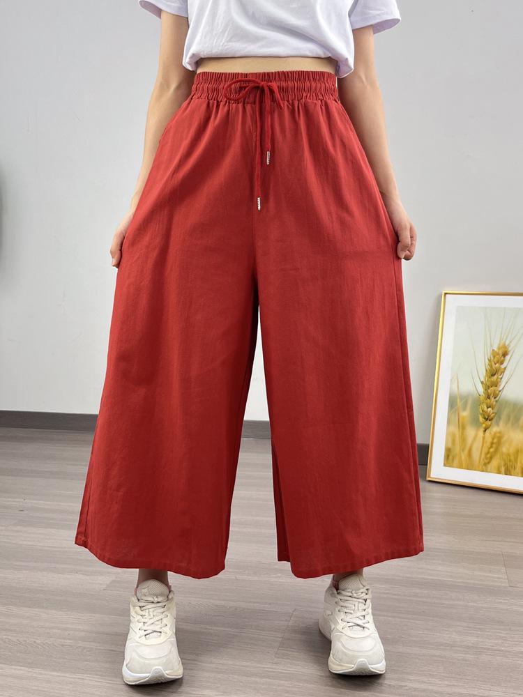 Southeast Asia Women's Casual Loose Ramie Culottes - Wide-Leg All-Cotton Slimming Pants, Eight-Point Length