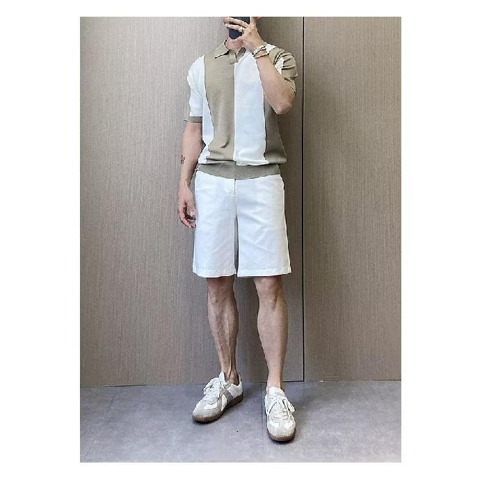 Ice Silk Short Sleeve T-Shirt for Men Korean Style Trendy New Summer Color-Block Personality Tee Slim Fit Knitted Round Neck Short T-Shirt for Men
