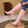 Thick Heel Boot Women's Fashionable And Casual Solid Color Faux Leather Trendy Thick Heel Pointed Toe Knee High Women Boots