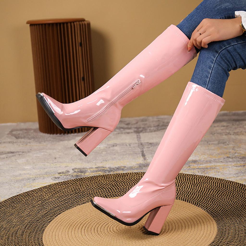 Thick Heel Boot Women's Fashionable And Casual Solid Color Faux Leather Trendy Thick Heel Pointed Toe Knee High Women Boots
