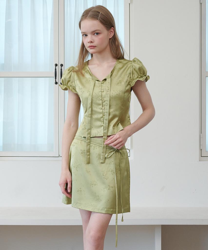 Opening Sunshine Strap Belt Satin Mini Skirt Jacquard Olive