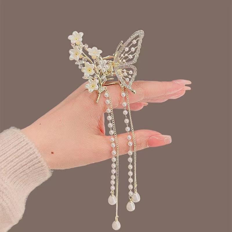 Glitter Shark Grip Clips Korean Style Sweety Romantic Hair Claws Butterfly Shape Girls Pearl Tassel Metal Jewelry Hair Accessory