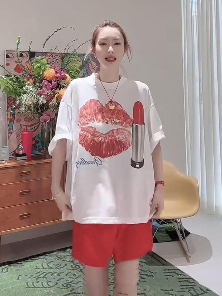 Nanyou 2026 Spring Lipstick Print Round Neck Loose Short Sleeve Women's T-shirt