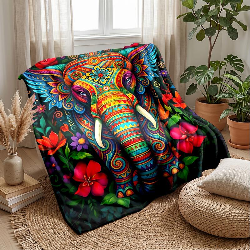 Vibrant Colorful Elephant Art Theme Blanket Lightweight Warm Flannel Blanket Decorative Throw Blanket for Home Decoration