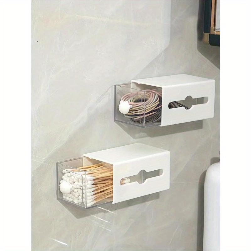 1pc Non Perforated Wall Storage Box Rectangular White Transparent Two-way Drawer For Cotton Swab Bathroom Headband Hair Loop Mini
