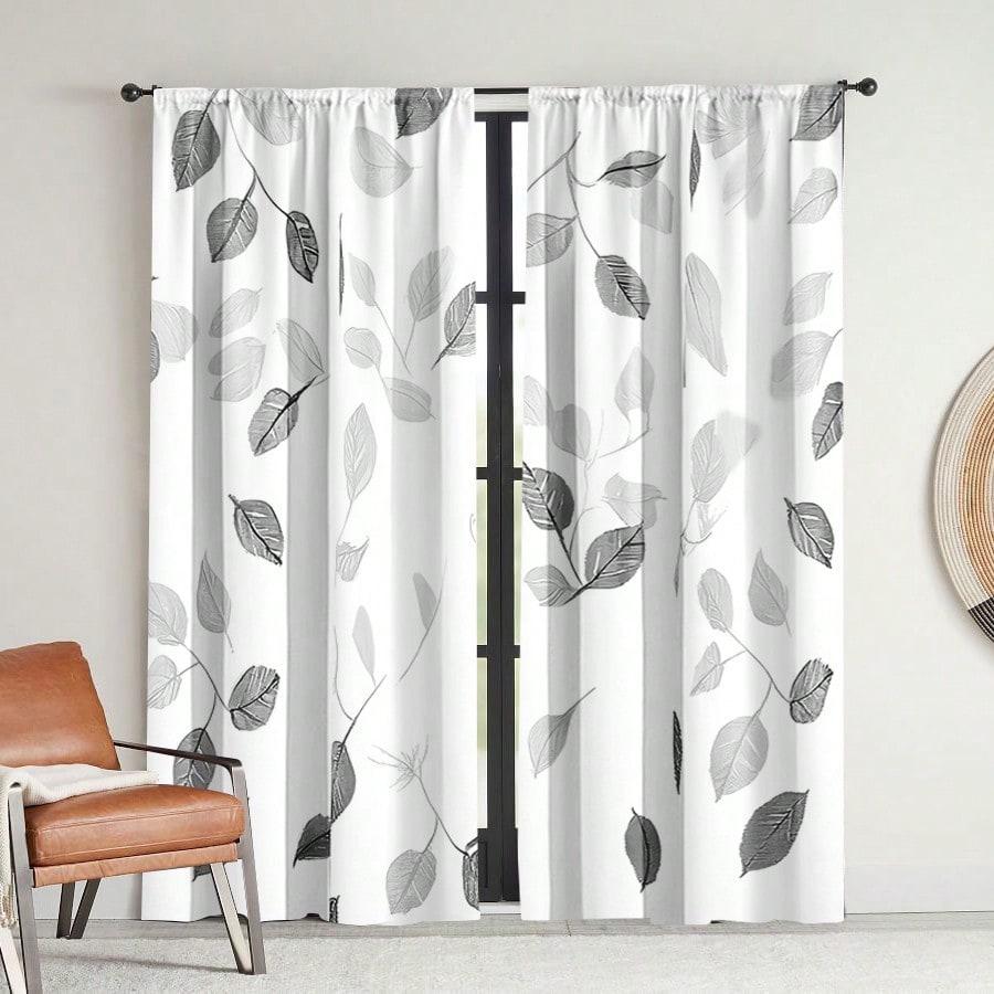 2 Elegant Black And White Leaf Patterned Curta - Semi Transparent Polyester, Pole Bag Design