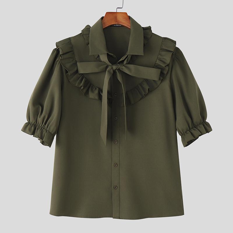 

INCERUN Men Bow Tie Lapel Neck Puff Sleeve Buttons Casual Ruffled Shirts L армия зеленый