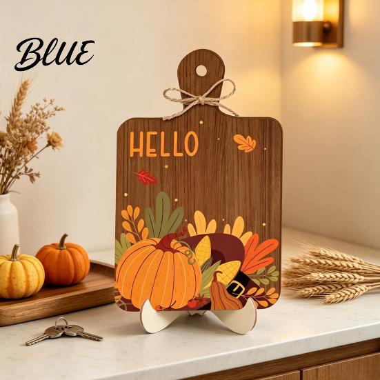 Indoor Autumn Party Decor Hello Fall Wooden Sign, Cutting Board Shape Harvest Tabletop Ornament with Supplies Hanging Rope & Stand, Rustic Farmhouse