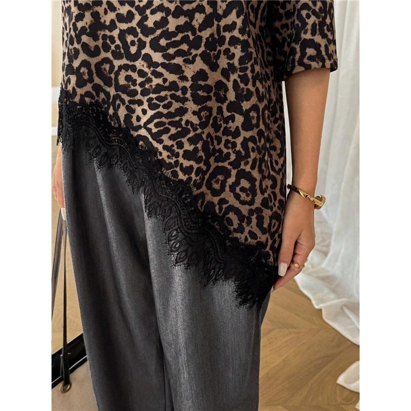 T-Shirt for Women Summer Leopard Plus Size Long Sleeve Top Round Neck Casual Stretch Loose-Fit T-Shirt