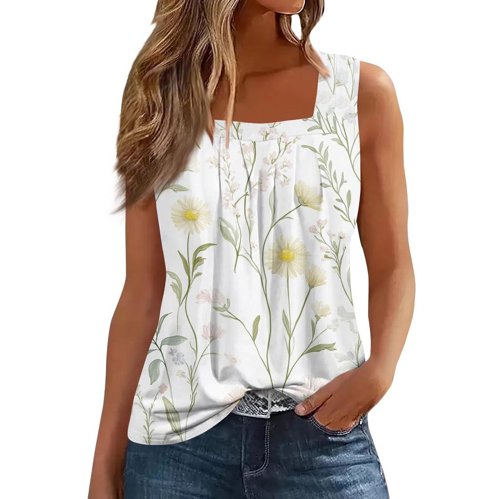 Women's Fashion Casual Pleated Square Collar Sleeveless Vest Print Summer T-shirt
