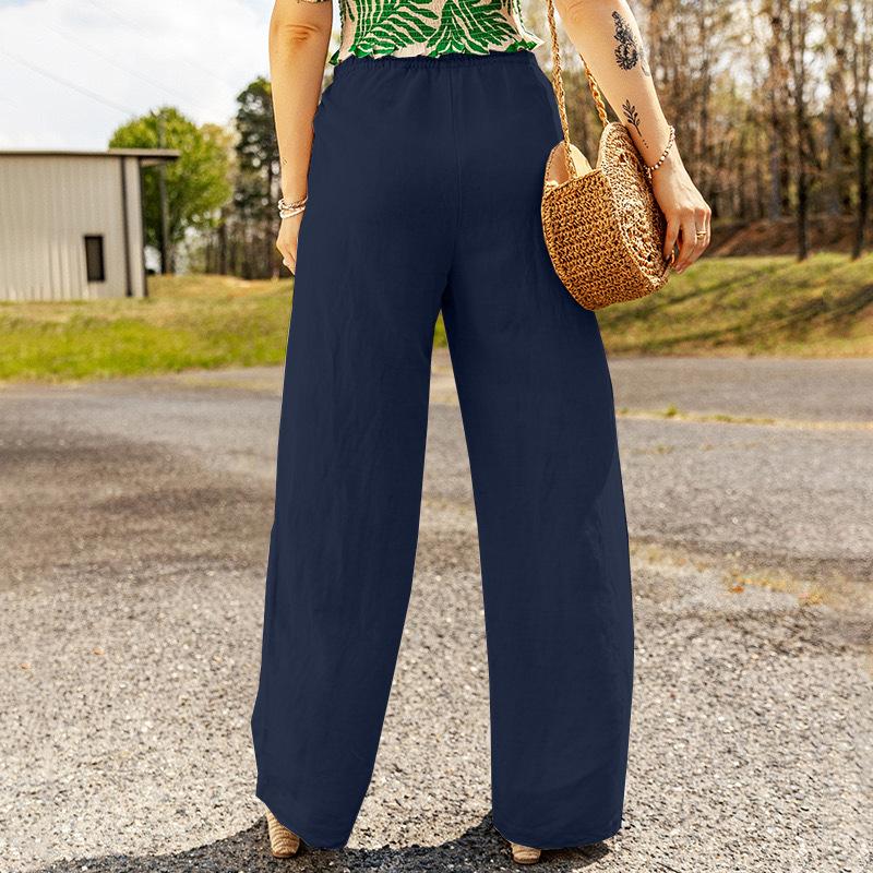 Women's Trousers Solid Color Casual Pocket Loose Elastic Waist Strap Cotton Linen Straight Trousers