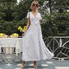 Summer Fall Polka Dot Print Split Long Dress Women Casual V-neck Short Sleeve High Waist Bandage Belt S-XXL