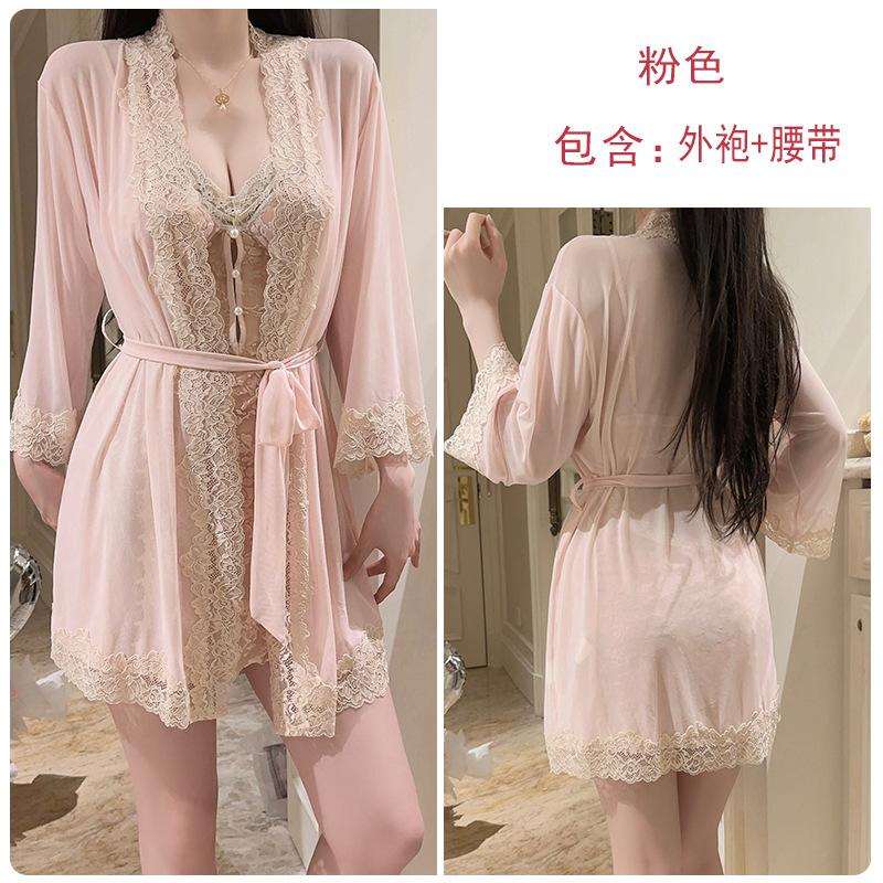 Hot backless women's pajamas deep V plus chest pad sweet mesh sexy velvet pajamas robe set C