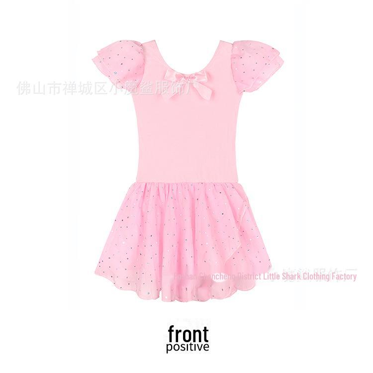 "Girls' Cotton Short-Sleeve Sequined Ballet Dance Dress"