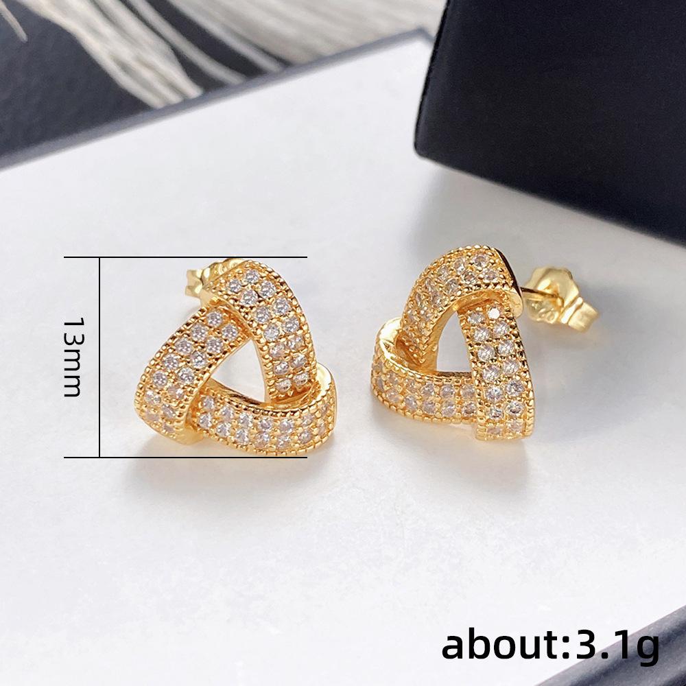 Hong Kong Style Retro Geometric Full Diamond Stud Earrings Women, Fashion Commuting Trend Three-Dimensional Texture Triangular Earrings