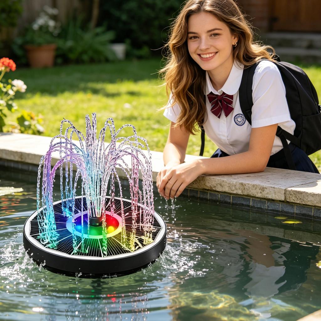 16cm Round Solar Fountain Pump Outdoor Garden Water Pool Decoration with RGB LED Lights and Solar Panel Powered Water Sprayer for Pond