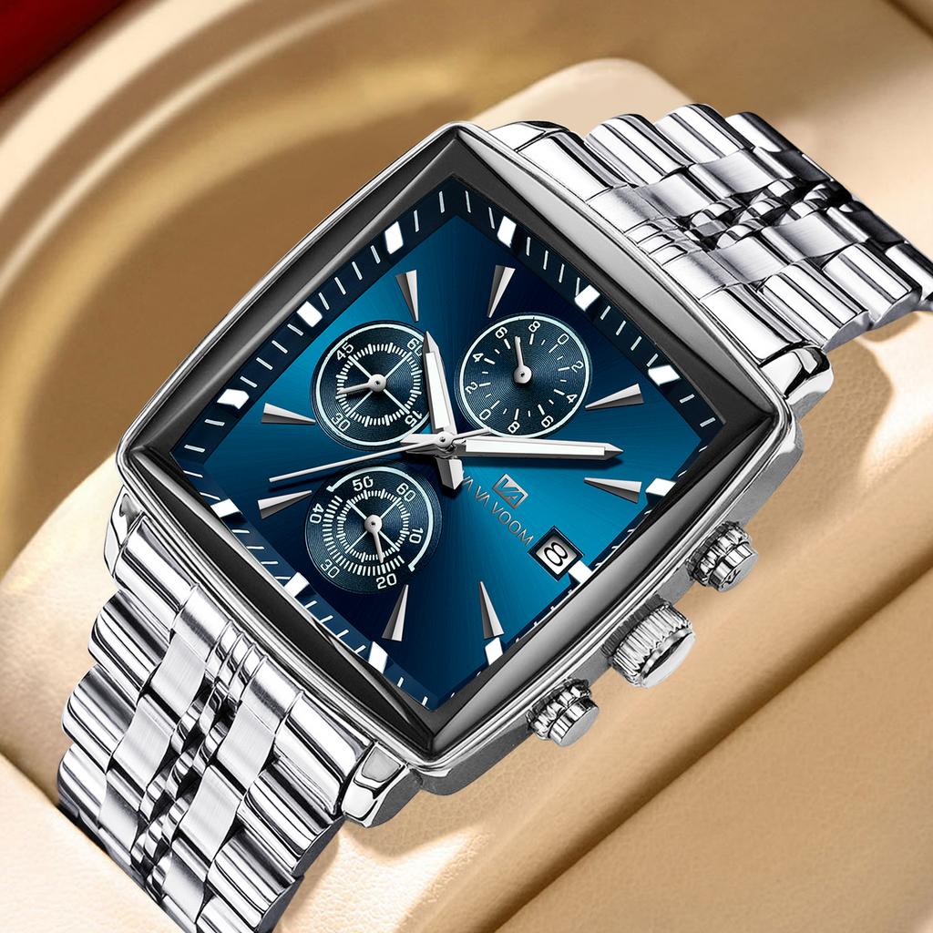 VA VA VOOM Original Brand Quare Classic Design Quartz Watch Men Multifunctional Luxury Night Light Timer Stainless Steel Watch