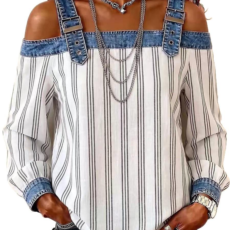 1116 New denim spliced off-shoulder top, adjustable suspender striped long-sleeved loose casual shirt