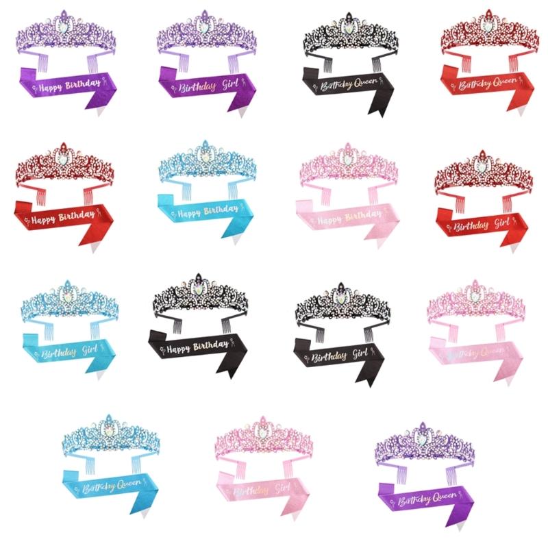 Fashionable 2pcs Rhinestones Tiaras Headband and Sash Hairpiece Hair Accesories for Women’s Birthday Party Accessories