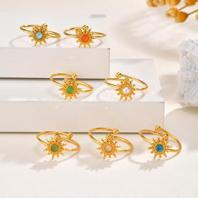 Waterproof Sun Shaped Nature Opal Stone Ring for Women, Stainless Steel Gold Plated Adjustable Finger Ring, Vintage Chic Jewelry