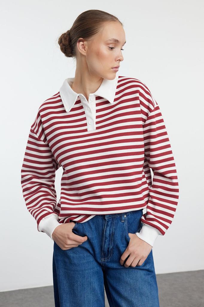 Women's Fashionable Stylish Sweatshirt Black Striped Polo Neck Thick Inside Fleece Oversize Knitted Sweatshirt