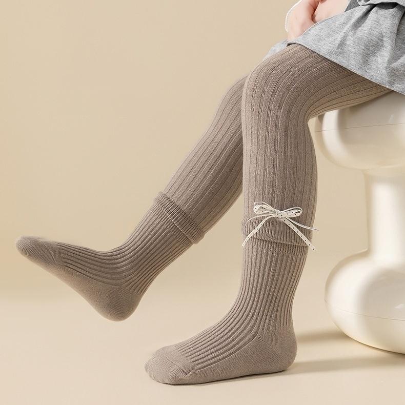 Girls Bowknot Cotton Tights Spring Autumn Vertical Striped Leggings For Kids Pure Color Versatile Children's Pantyhose 2-7Years