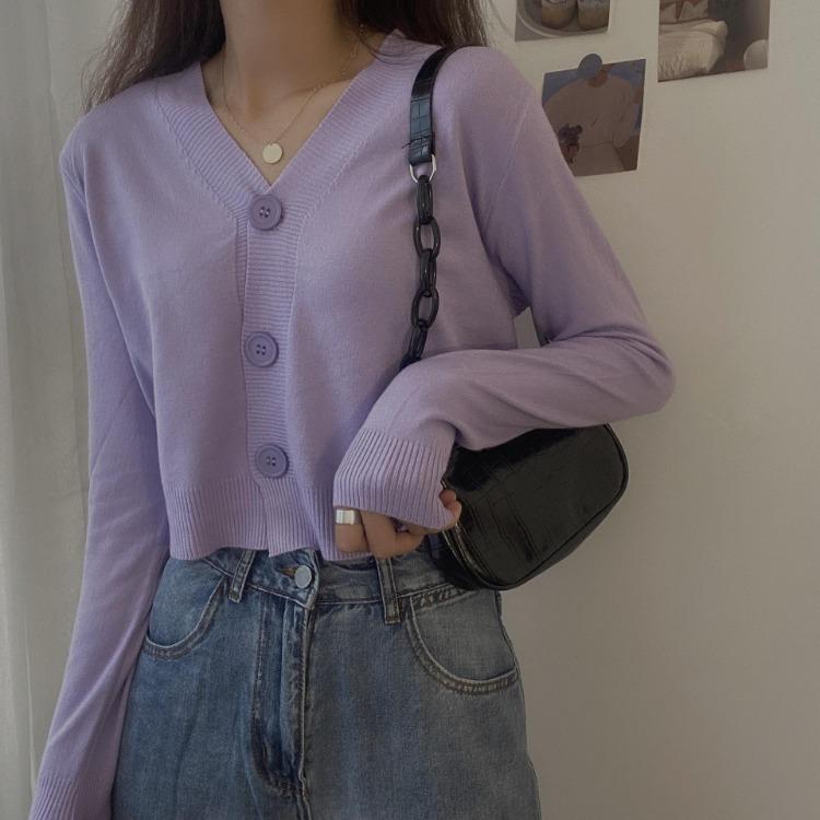 Women's Solid Color V-Neck Knitted Cardigan Long Sleeve Pullover Sweater Single Breasted Button Spring Fall Outerwear Tops Small Fresh One Size