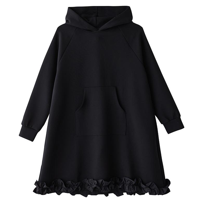 Long sleeve plus size Black cotton vintage hooded new in dresses for women casual loose midi spring autumn sweatershirt dress